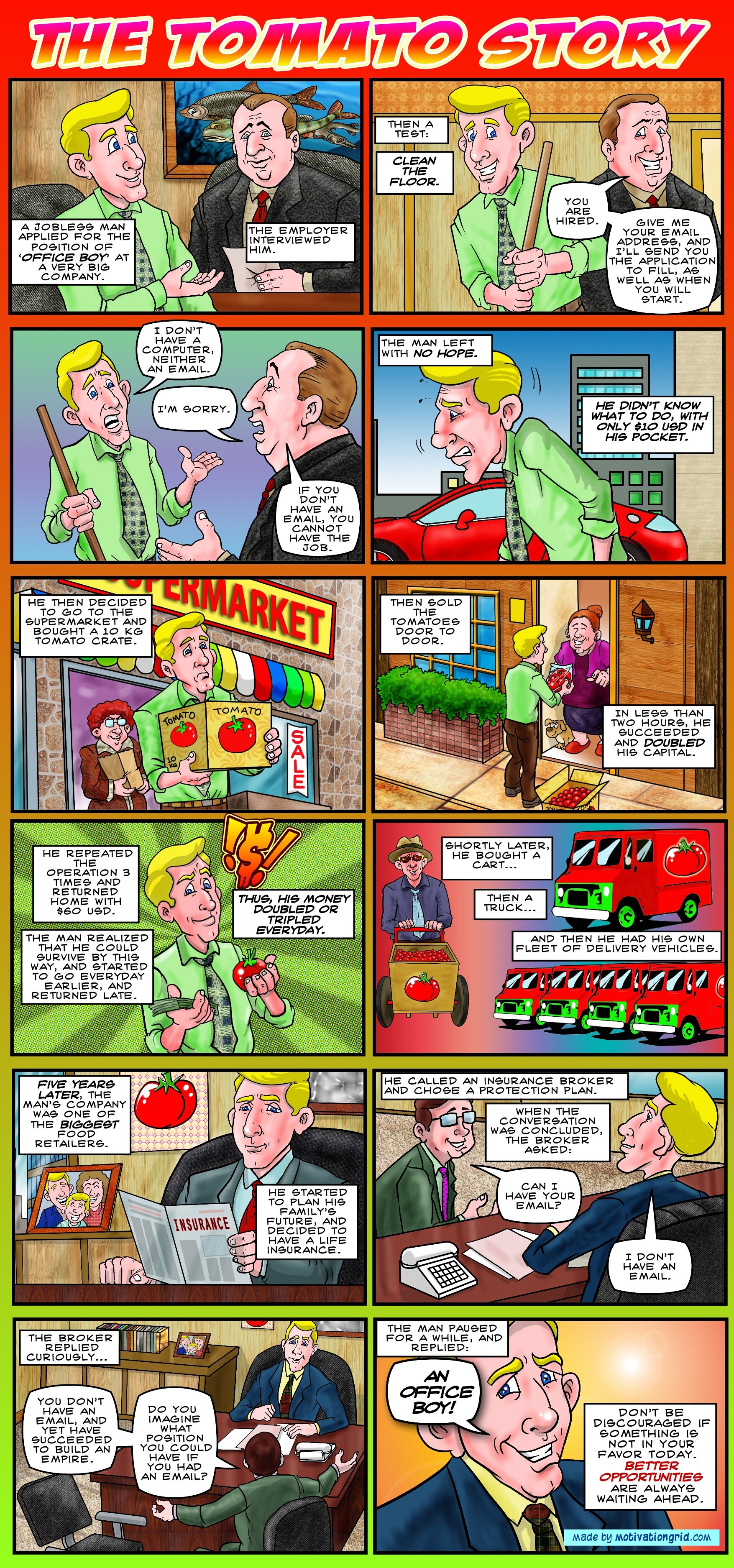 Short comic strip that will teach you a valuable lesson about missed opportunities, the tomato story, entrepreneur short story, don't get discouraged, comic