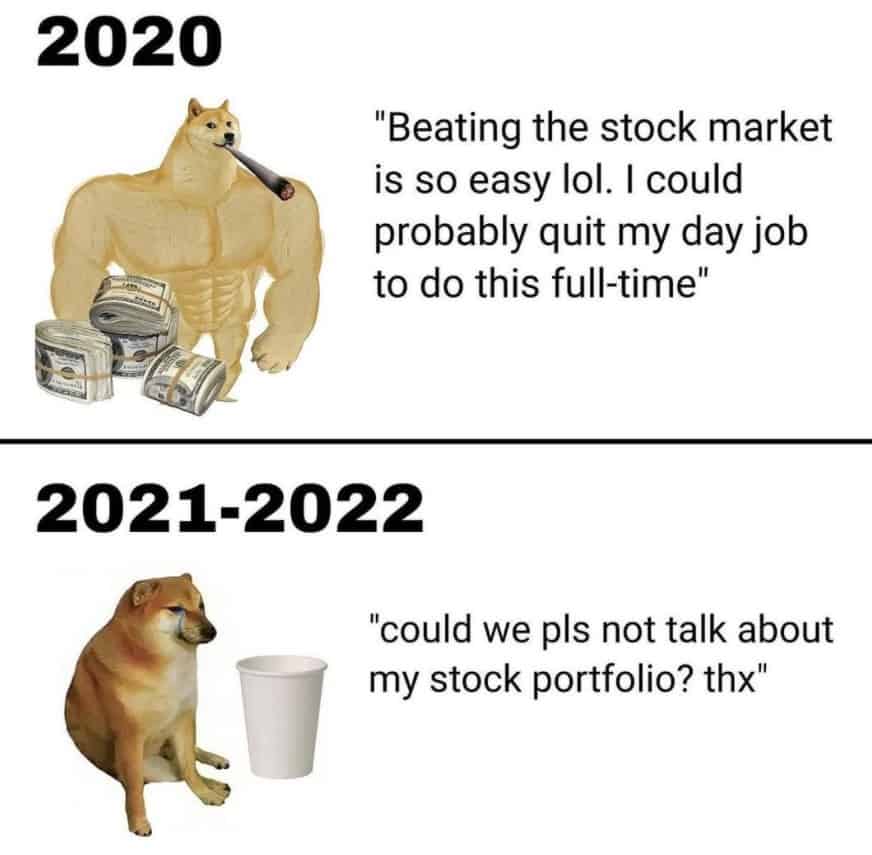 Retail investors on the market in 2020 vs 2021 and 2022 doge meme, investing joke image