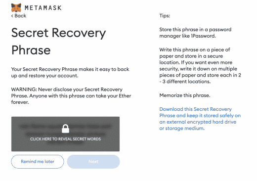 Metamask browser extension recovery seed phrase save, image