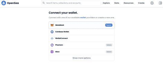 opensea desktop website wallet selection page, connect metamask to opensea, image