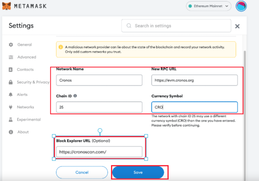 step 3, add cronos network details