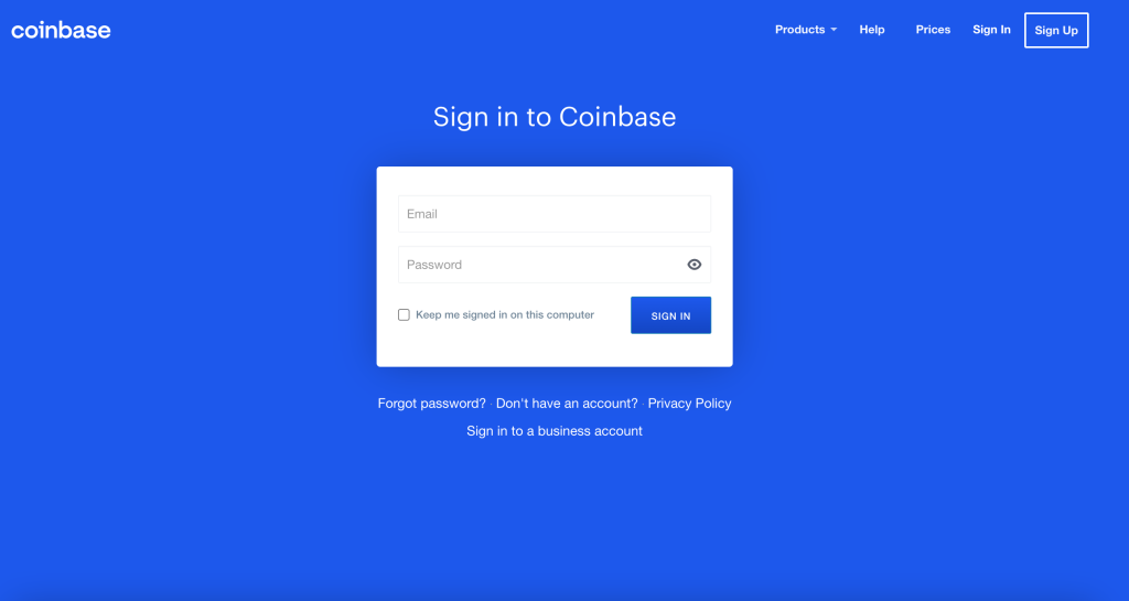 step 1, coinbase login page