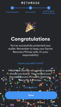 metamask mobile app congratulations screen, image