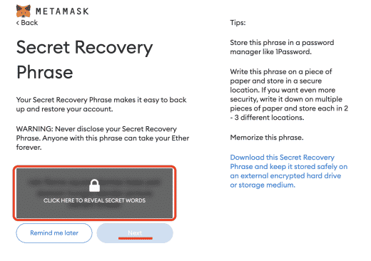 metamask desktop extension recovery phrase screen, image