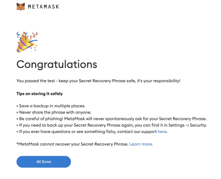 metamask desktop extension congratulations screen, how to create metamask wallet, image