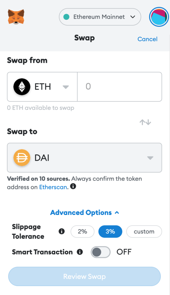 swapping ethereum for dai example, metamask extension