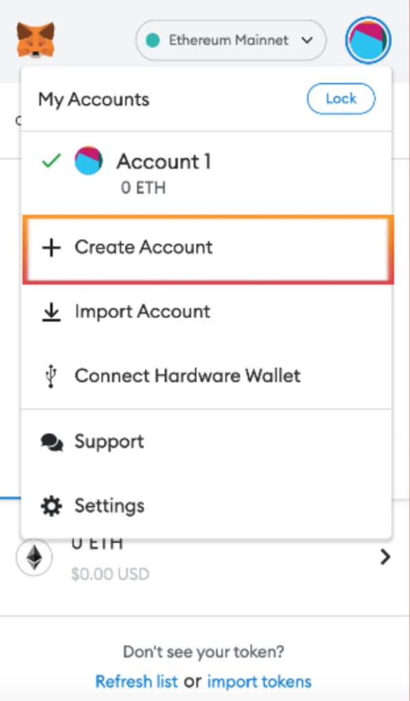 Create account button in metamask extension google chrome