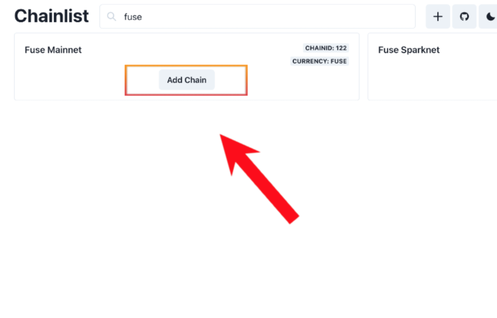 step 2, chainlist website searching fuse, add chain