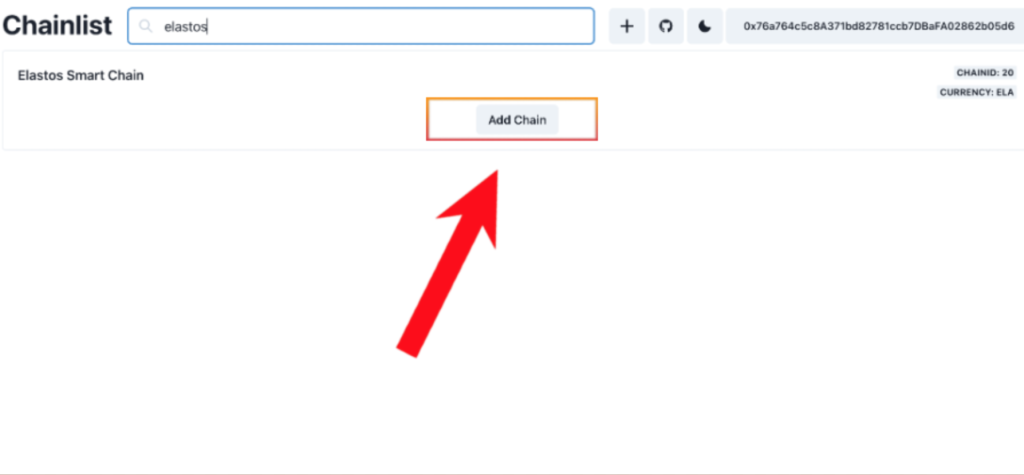 step 2, search for elastos in chainlist, add chain button