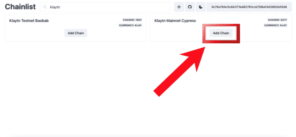 step 2, chainlist website, Klaytn add chain button location