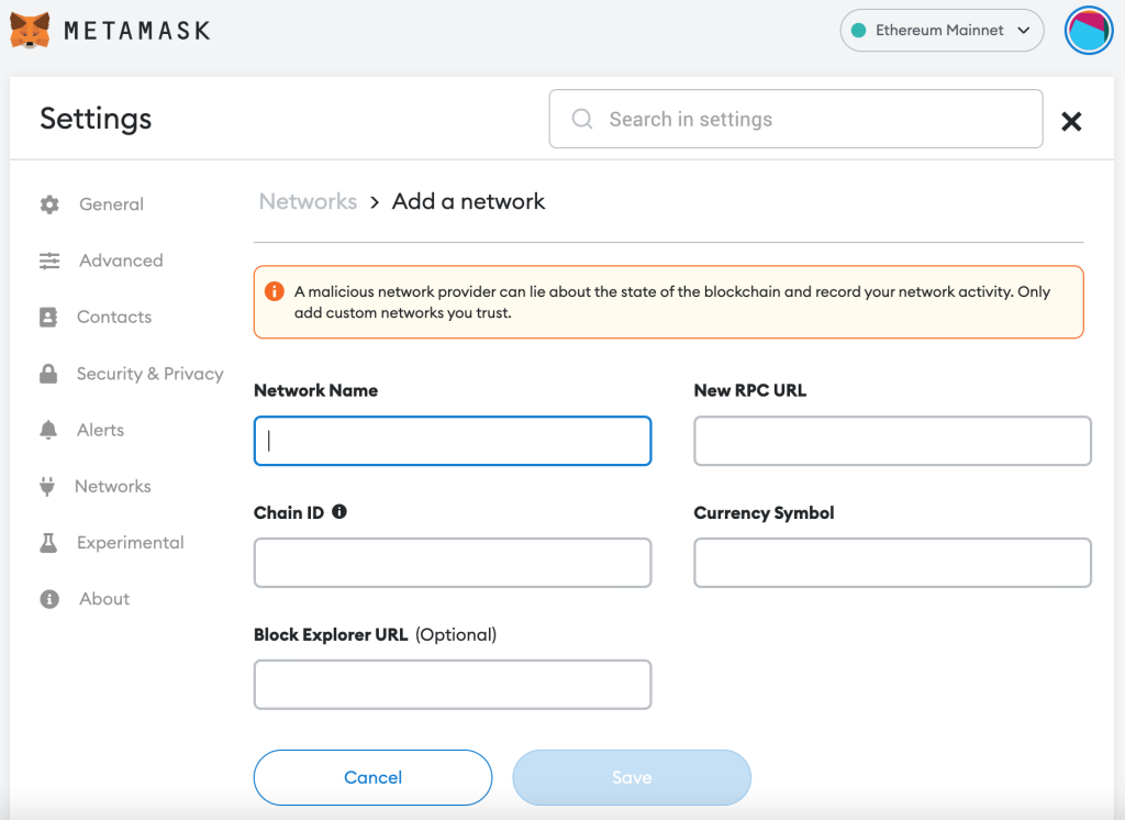 add polygon network details to metamask blank fields