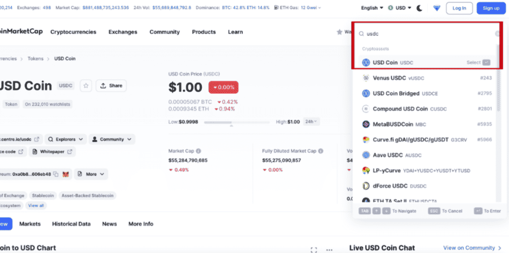 usdc in coinmarketcap, search bar section